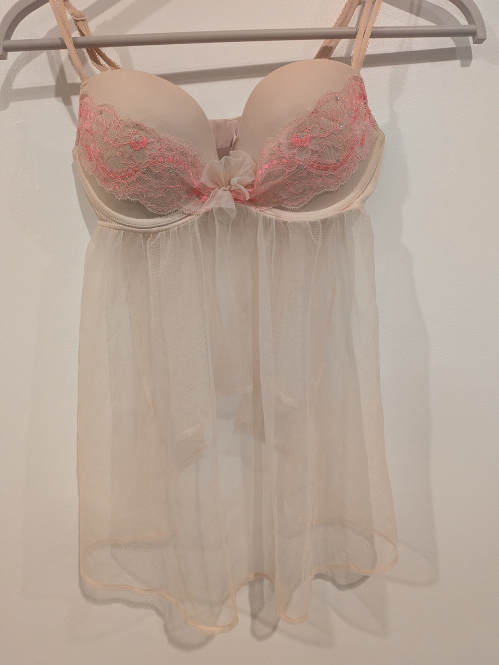 Vintage Victoria's Secret Sheer Cream Babydoll with Pink Lace Trim